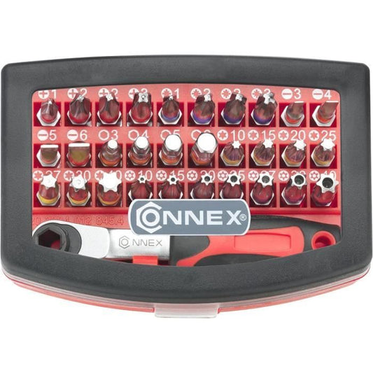 Jeu d'embouts et cliquet 32 pieces - CONNEX - Entraînement 1/4 - Acier S2 - Support magnétique inclus