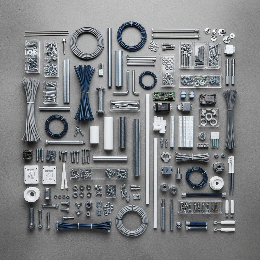 image of specialized DIY materials and accessories (cables, pipes, fasteners, technical components
