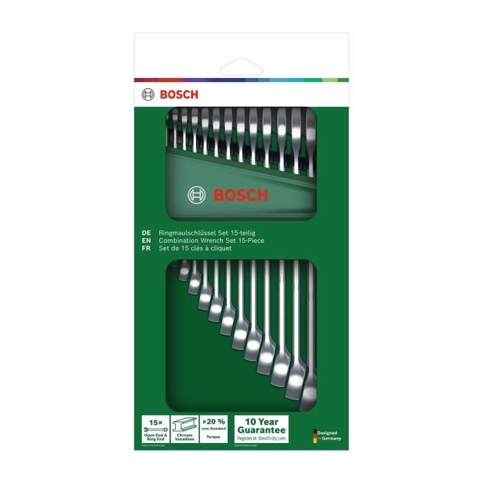 Bosch Set de 15 clés mixtes (clés plates robustes universelles  métrique 6-21 mm  design ergonomique)