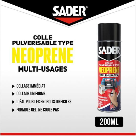 Colle aérosol néoprene multi-usages - SADER - Extra forte - Tous matériaux - Prise immédiate - Bombe 200 ml